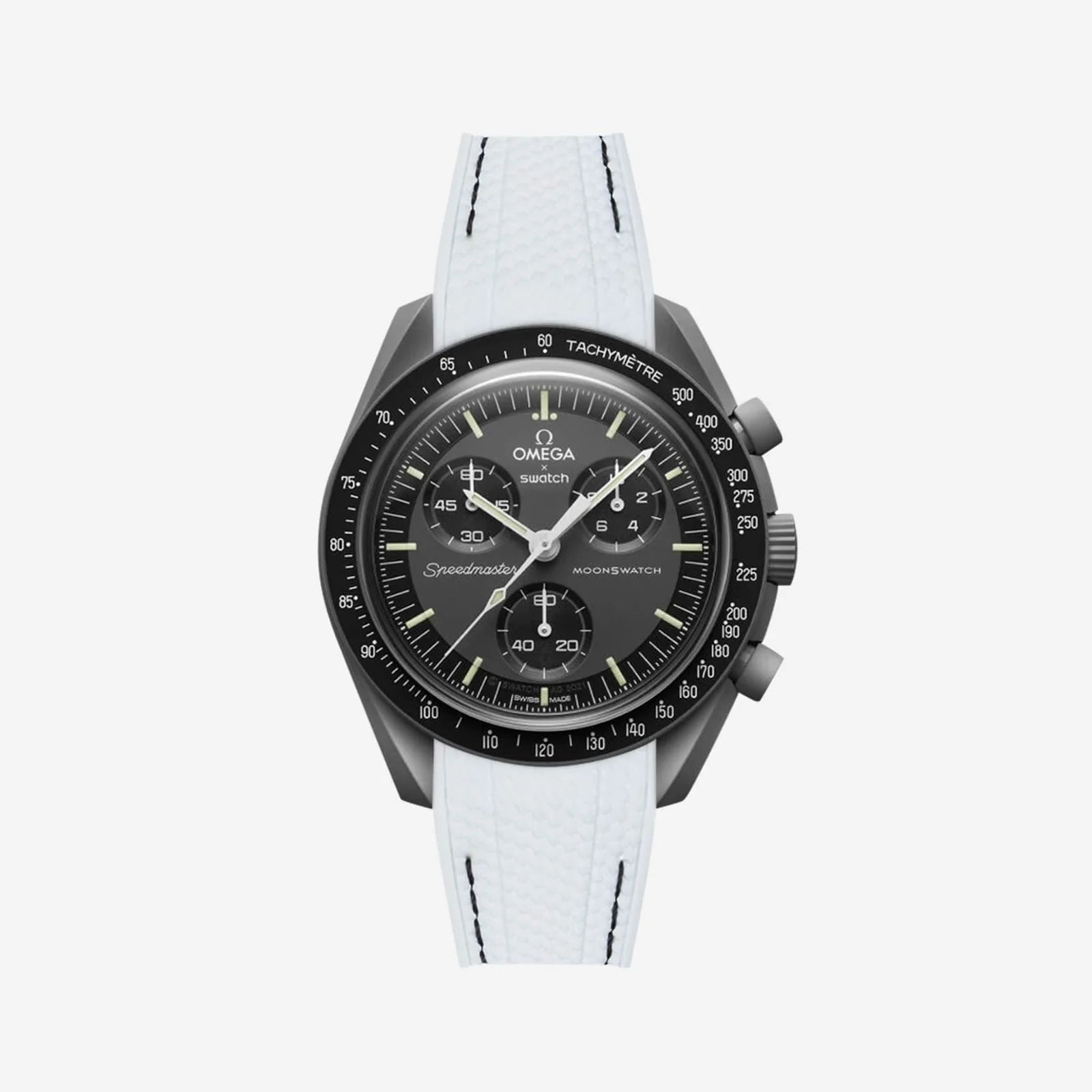 Rubber Strap For Omega x Moonswatch White & Black Stitched, Front View Of Watch
