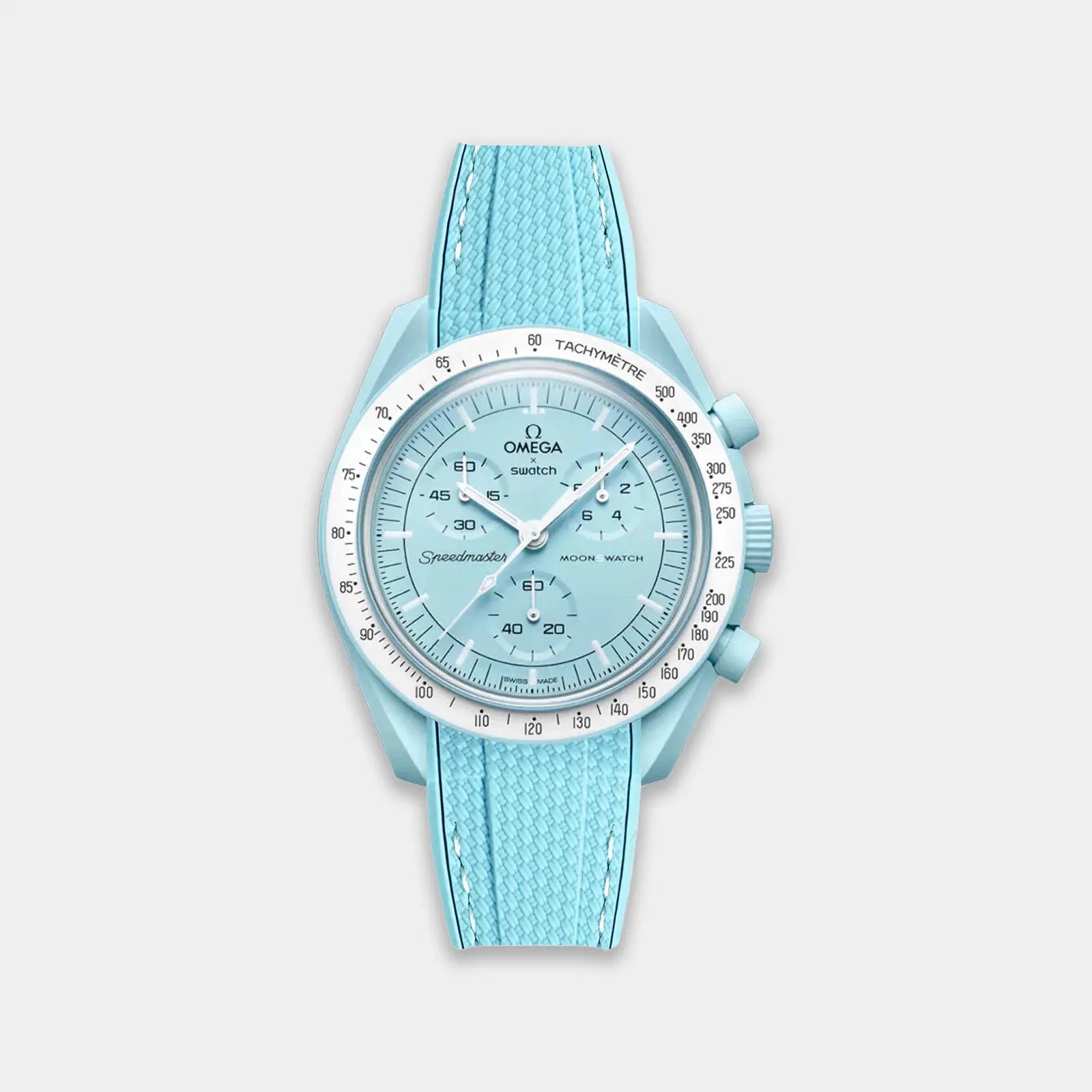 Rubber Watch Strap For Swatch X Omega Moonswatch - Light Blue & White Weaved Geneva Watch Straps