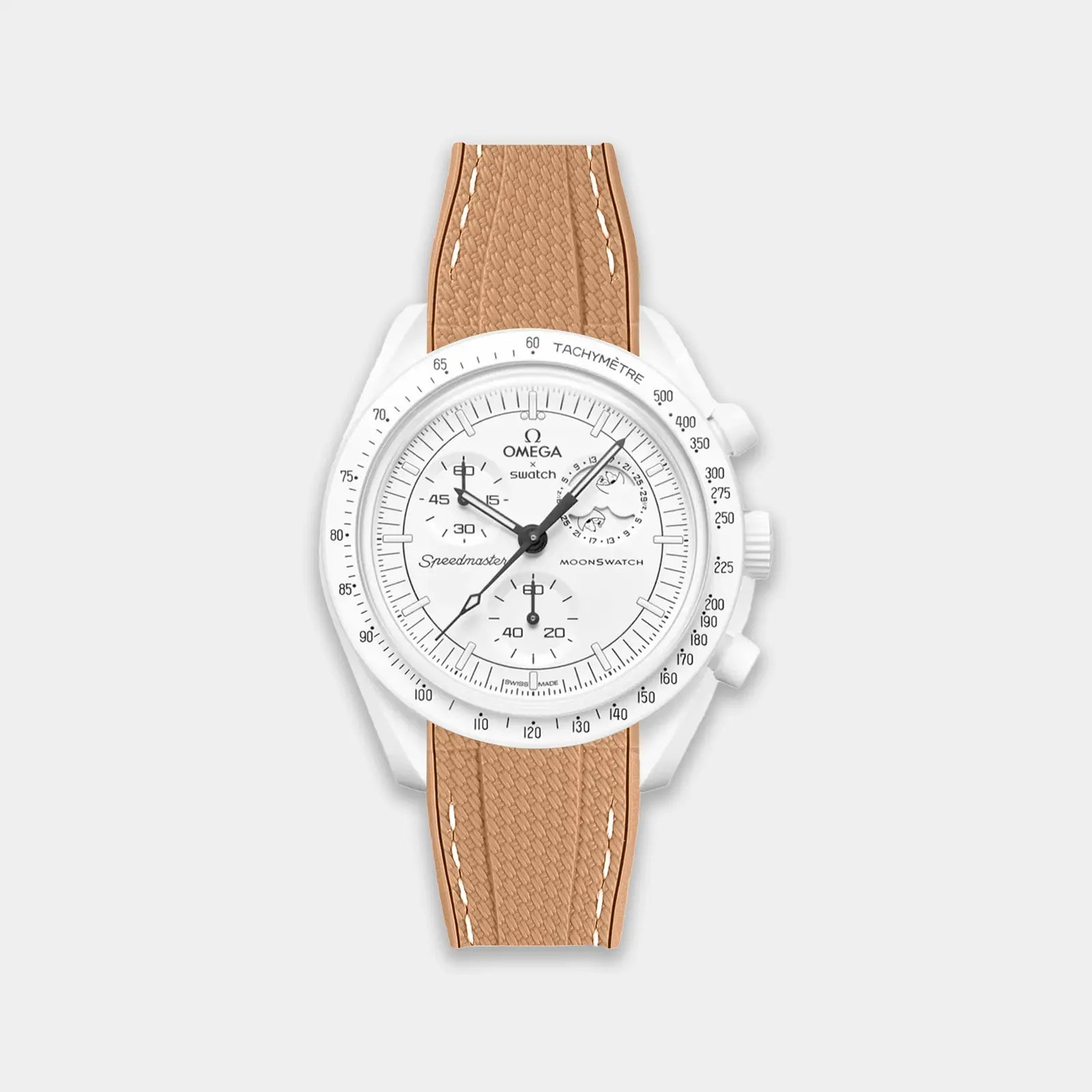 Rubber Watch Strap For Swatch X Omega Moonswatch - Light Brown & White Weaved Geneva Watch Straps