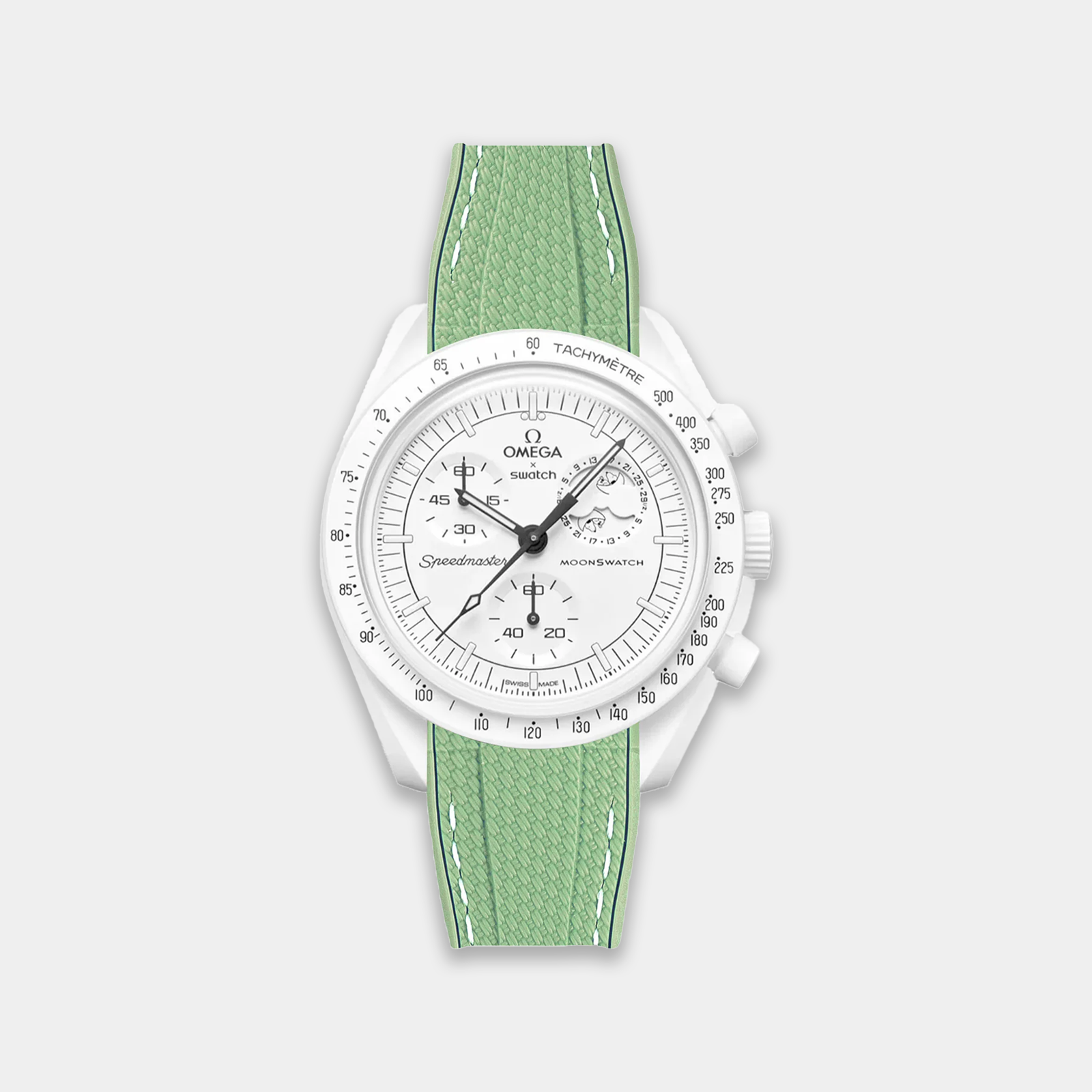Rubber Watch Strap For Swatch X Omega Moonswatch - Light Green & White Weaved