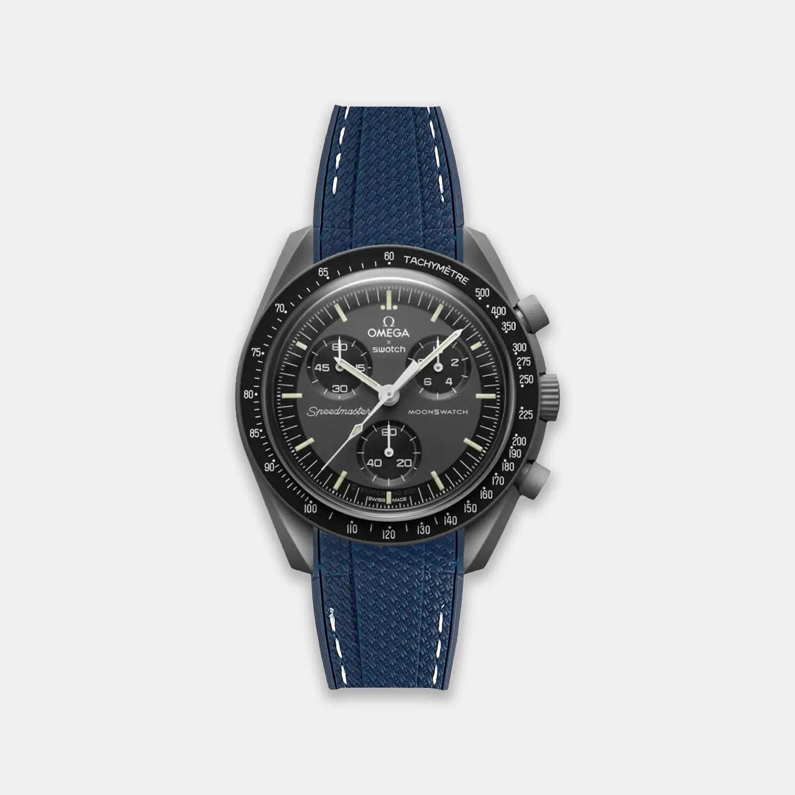 Rubber Watch Strap For Swatch X Omega Moonswatch - Navy & White Weaved Geneva Watch Straps