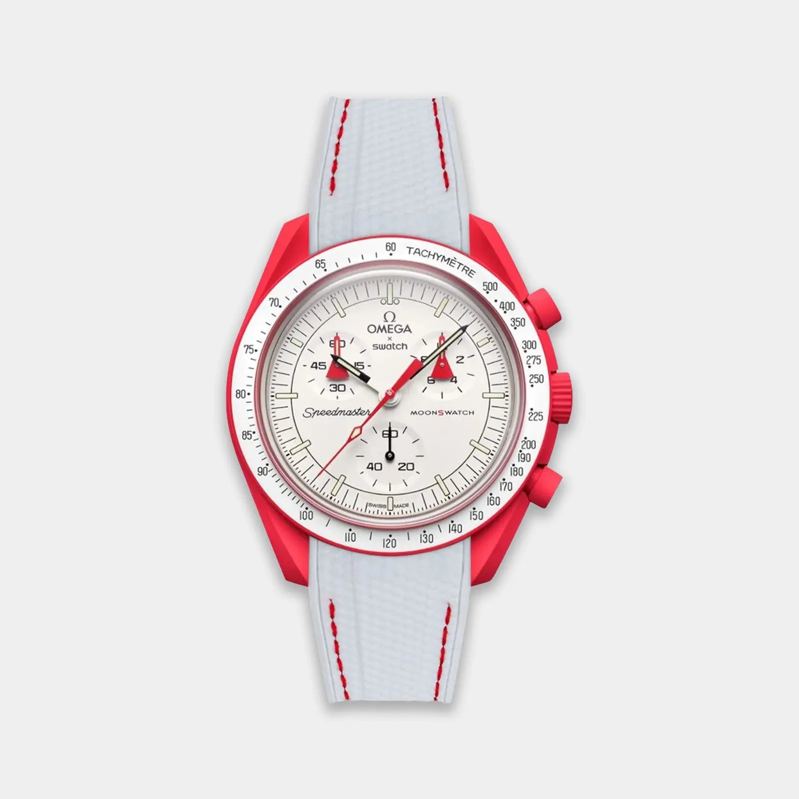 Rubber Watch Strap For Swatch X Omega Moonswatch - White & Red Weaved Geneva Watch Straps