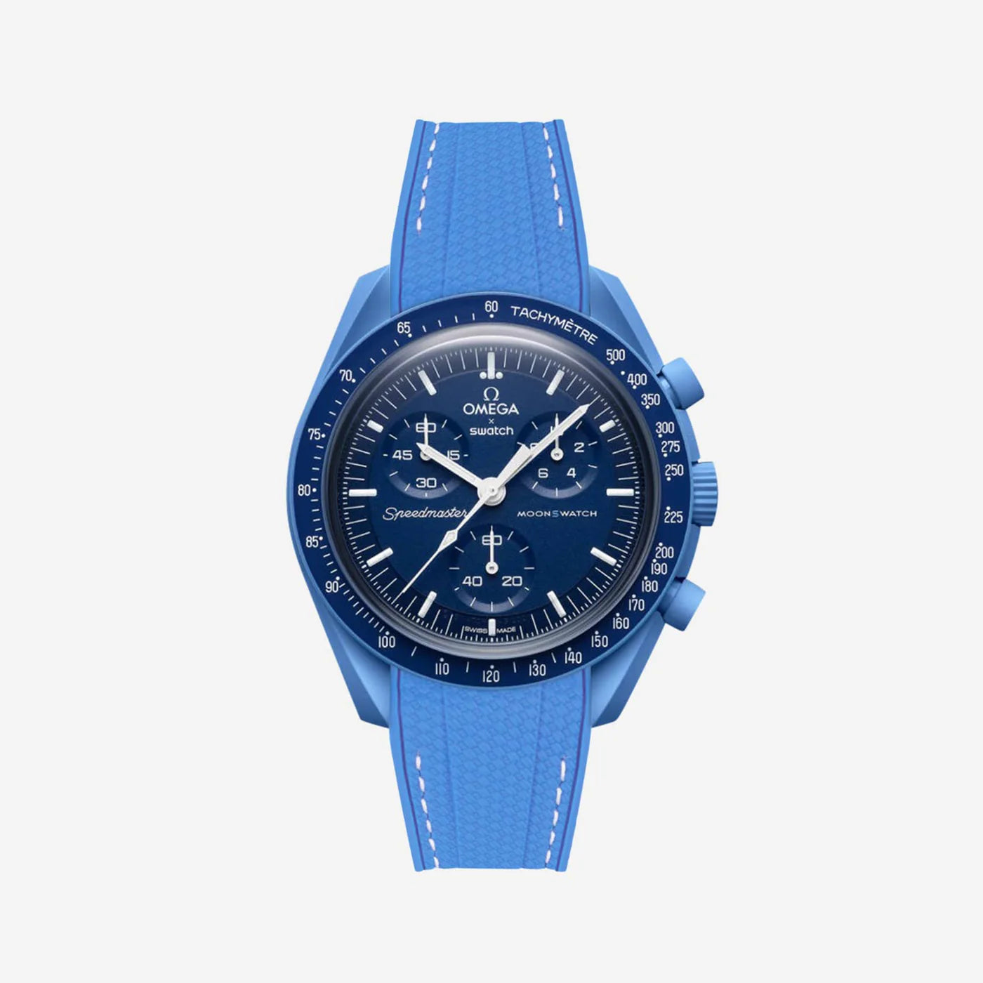 Rubber Strap For Omega x Moonswatch Blue & White Stitched, Front View Of Watch