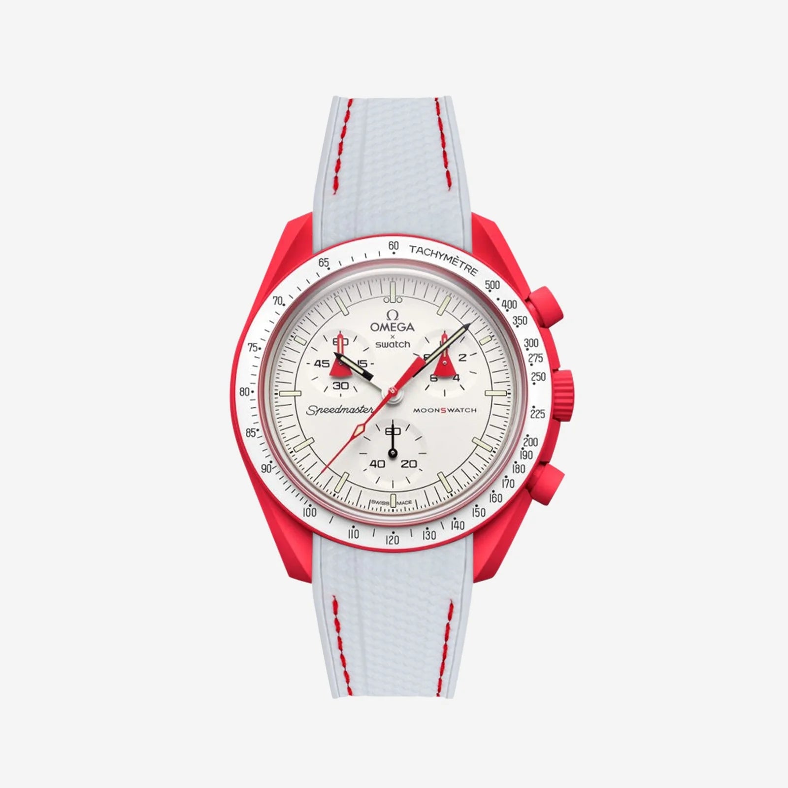 Rubber Strap For Omega x Moonswatch White & Red Stitched, Front View Of Watch