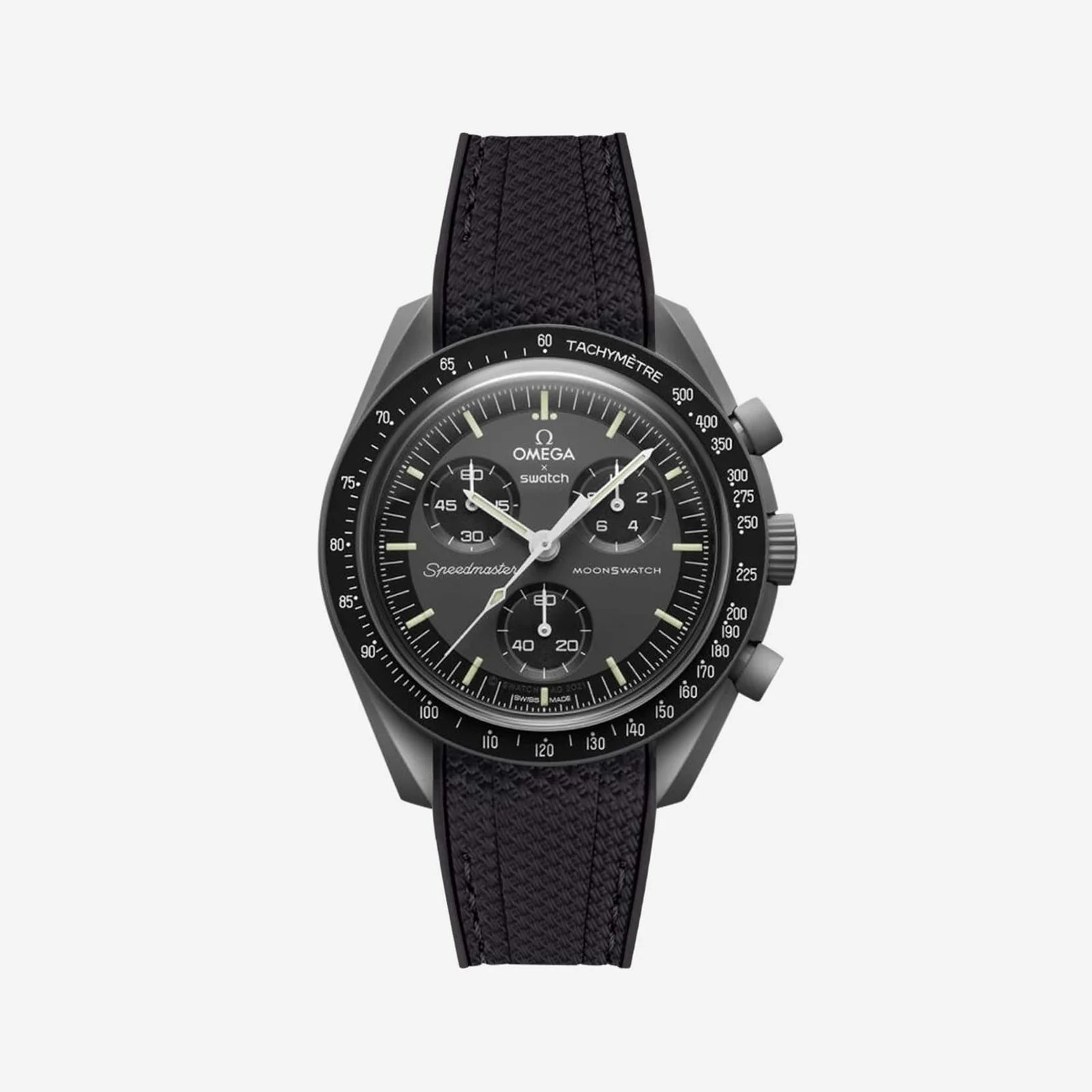 Rubber Strap For Omega x Moonswatch Black Stitched, Front View Of Watch