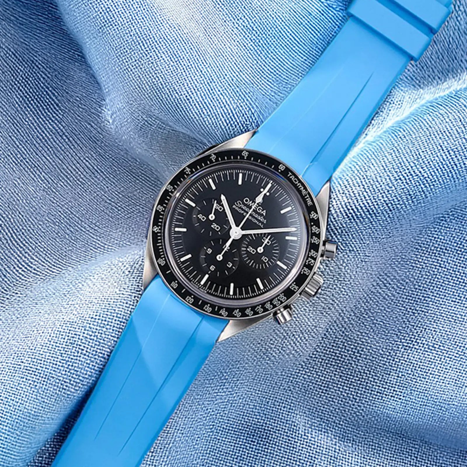 FKM Rubber Strap For Omega Speedmaster Integrated End - Miami Blue