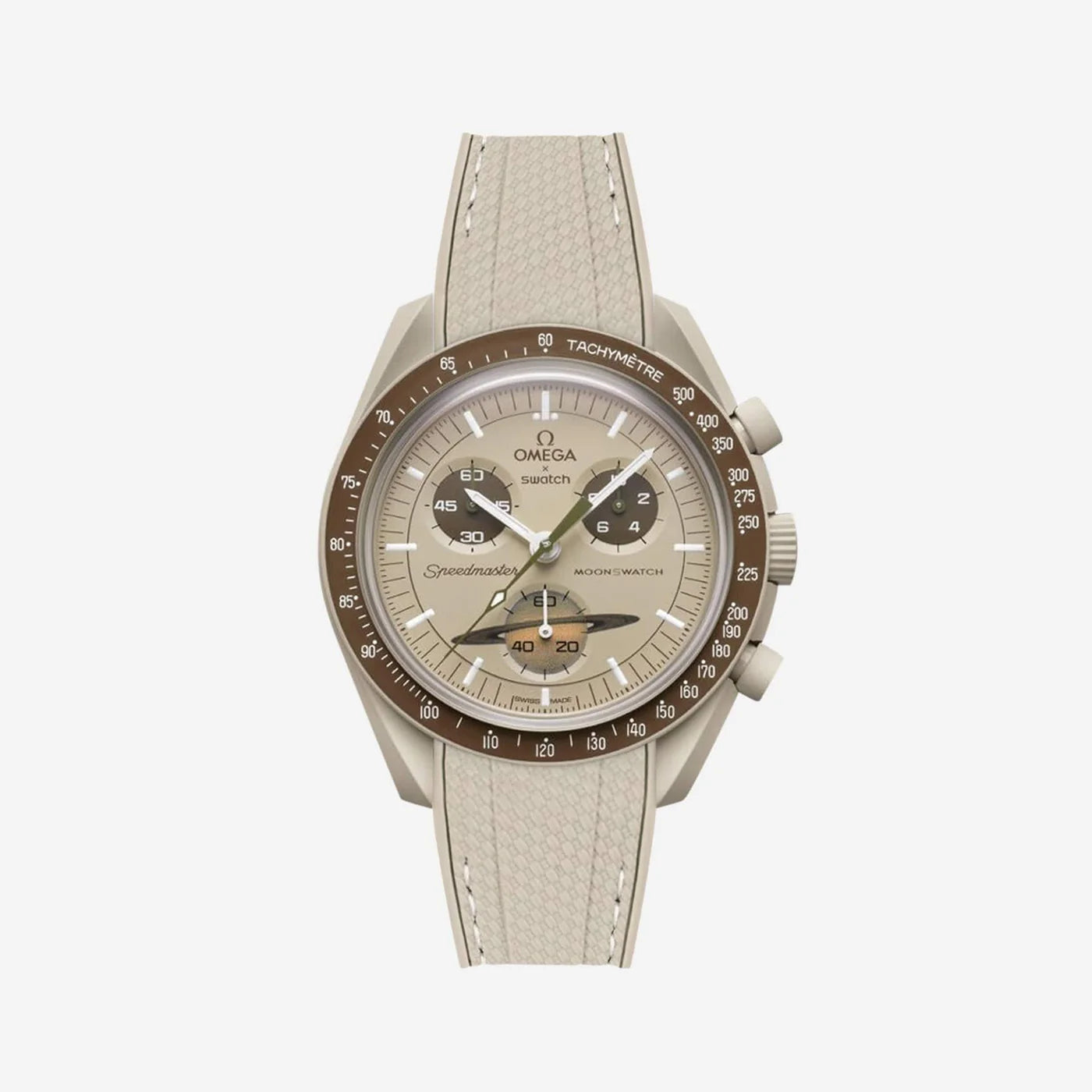 Rubber Strap For Omega x Moonswatch Beige Stitched, Front View Of Watch