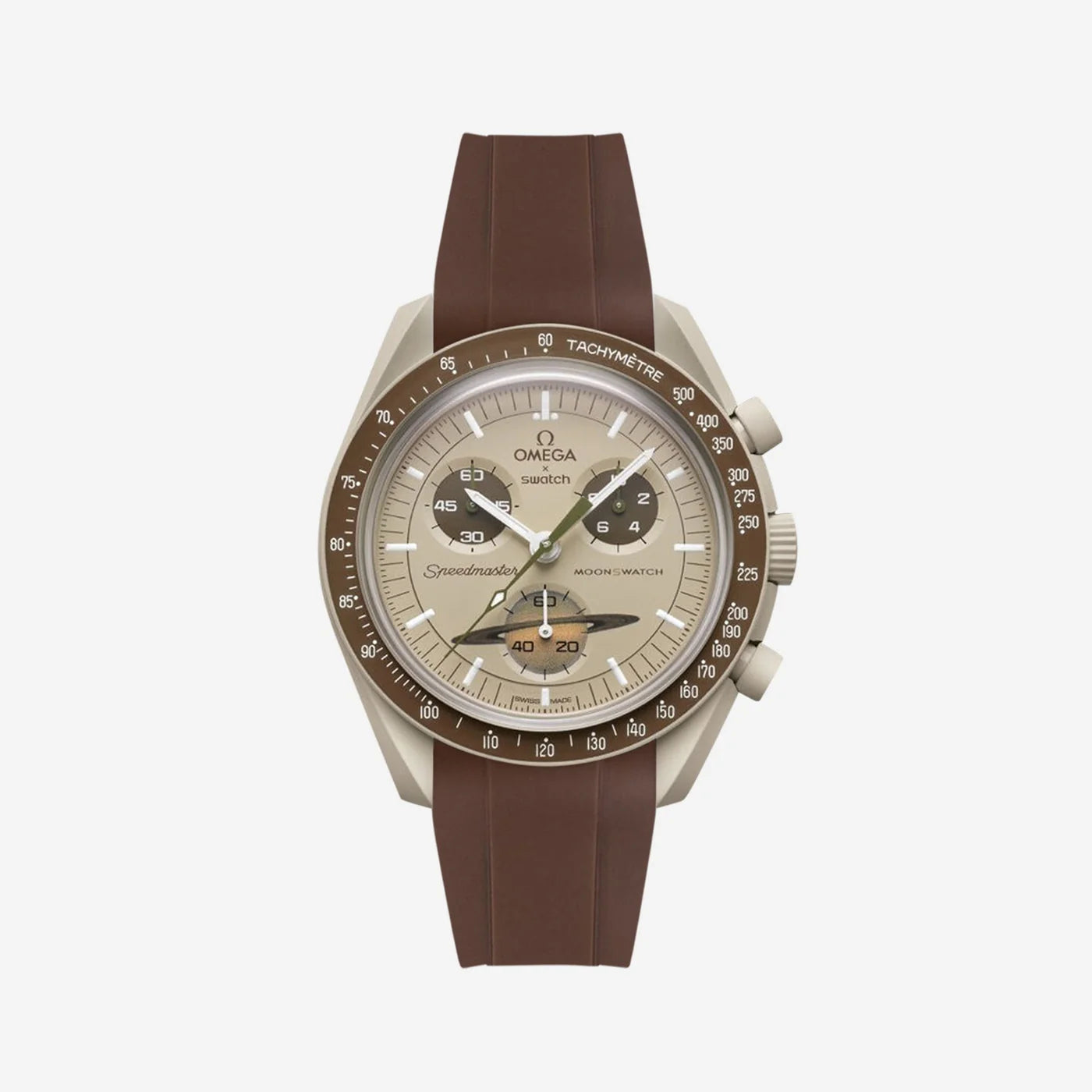 Rubber Strap For Omega x Moonswatch Brown Rubber, Front View Of Watch