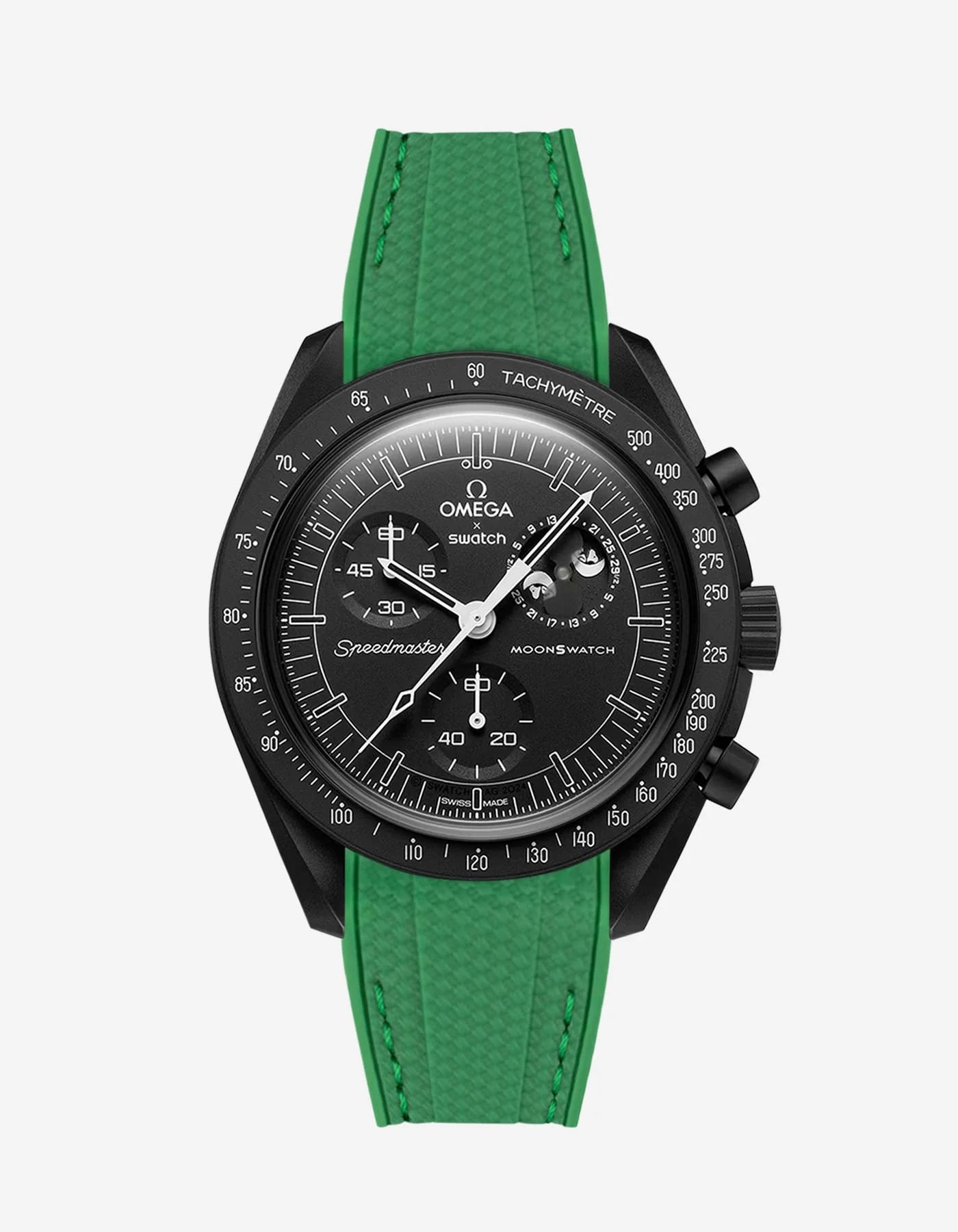 Rubber Strap For Omega x Moonswatch Green Stitched, Front View Of Watch