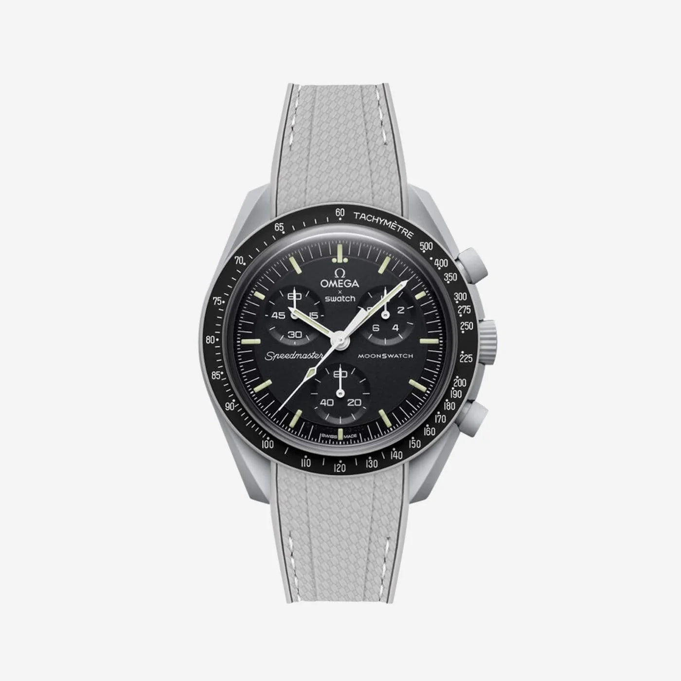 Rubber Strap For Omega x Moonswatch Light Grey Stitched, Front View Of Watch