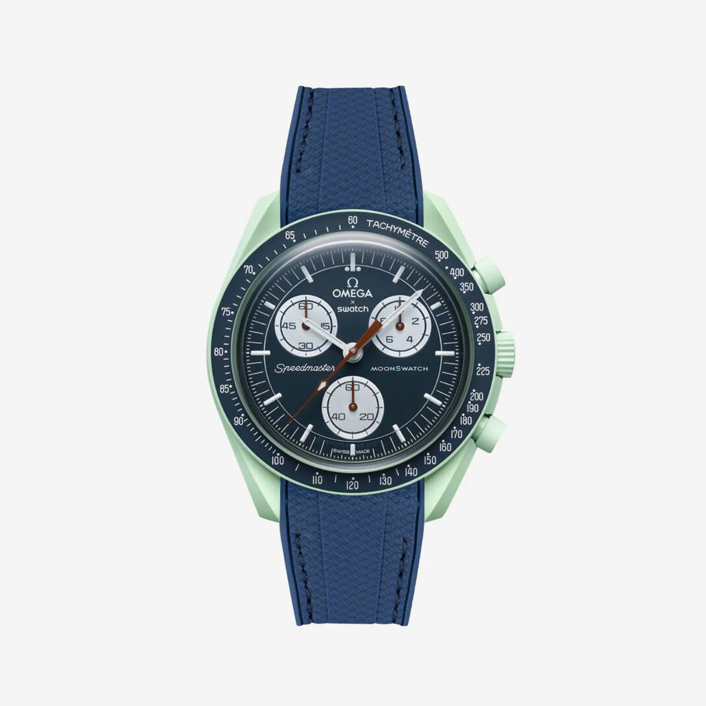 Rubber Strap For Omega x Moonswatch Navy Blue Stitched, Front View Of Watch