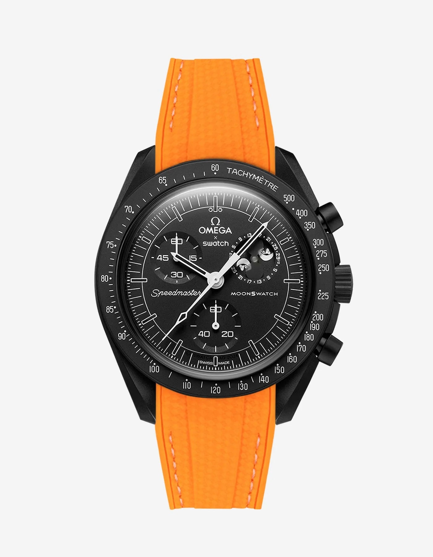 Rubber Strap For Omega x Moonswatch Orange Stitched, Front View Of Watch
