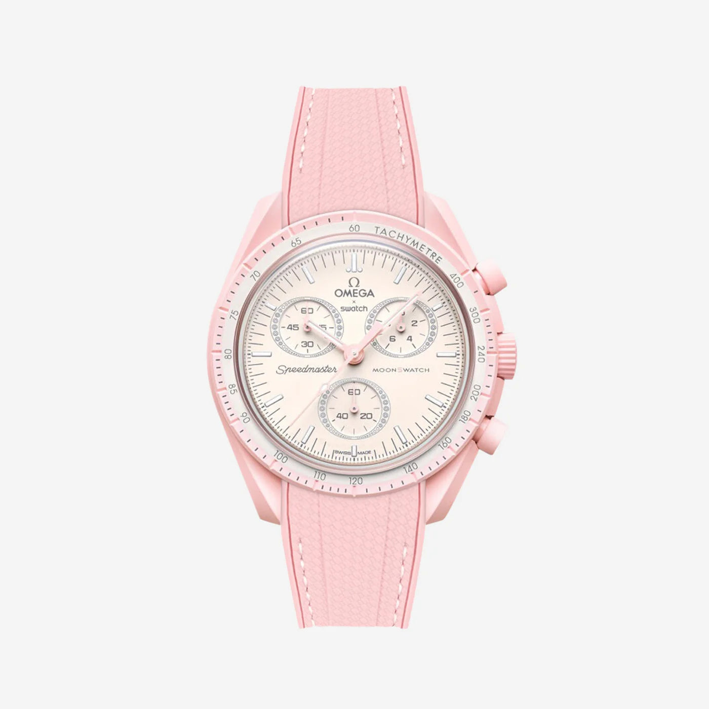 Rubber Strap For Omega x Moonswatch Pink Stitched, Front View Of Watch