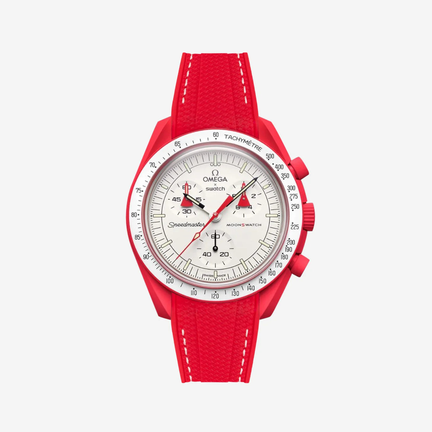 Rubber Strap For Omega x Moonswatch Red & White Stitched, Front View Of Watch