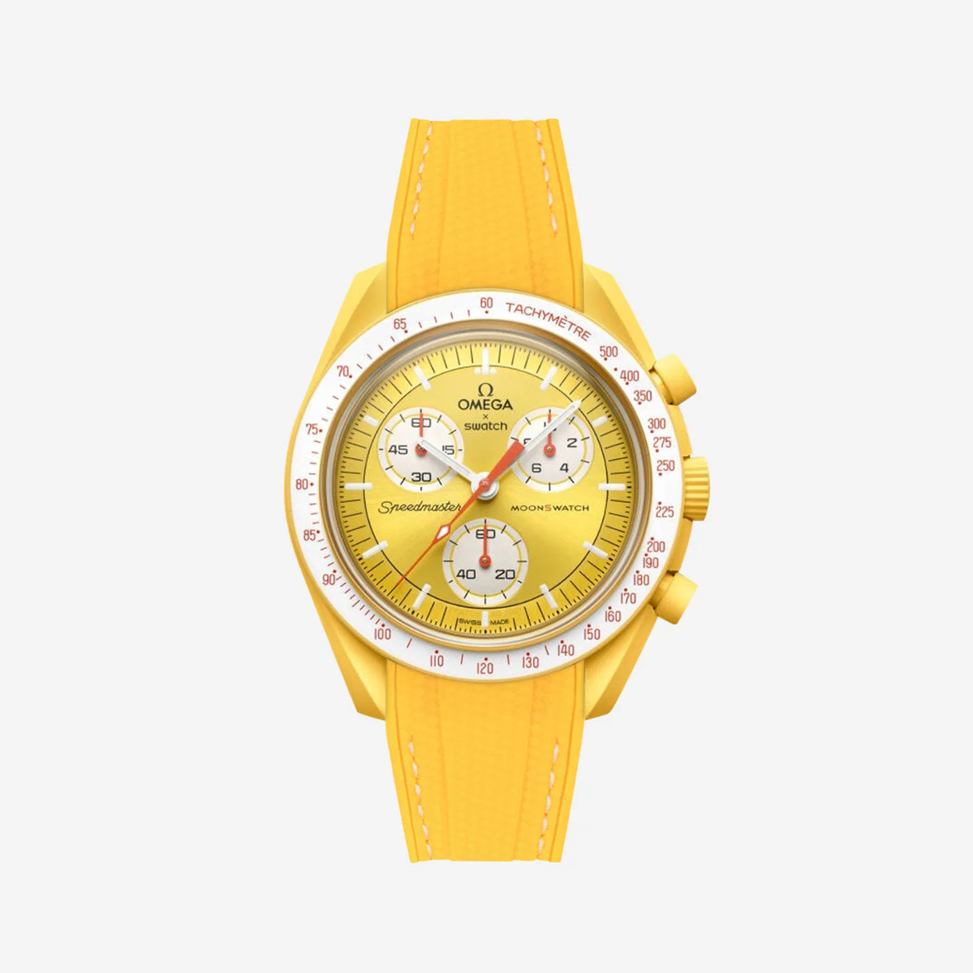 Rubber Strap For Omega x Moonswatch Yellow Stitched, Front View Of Watch